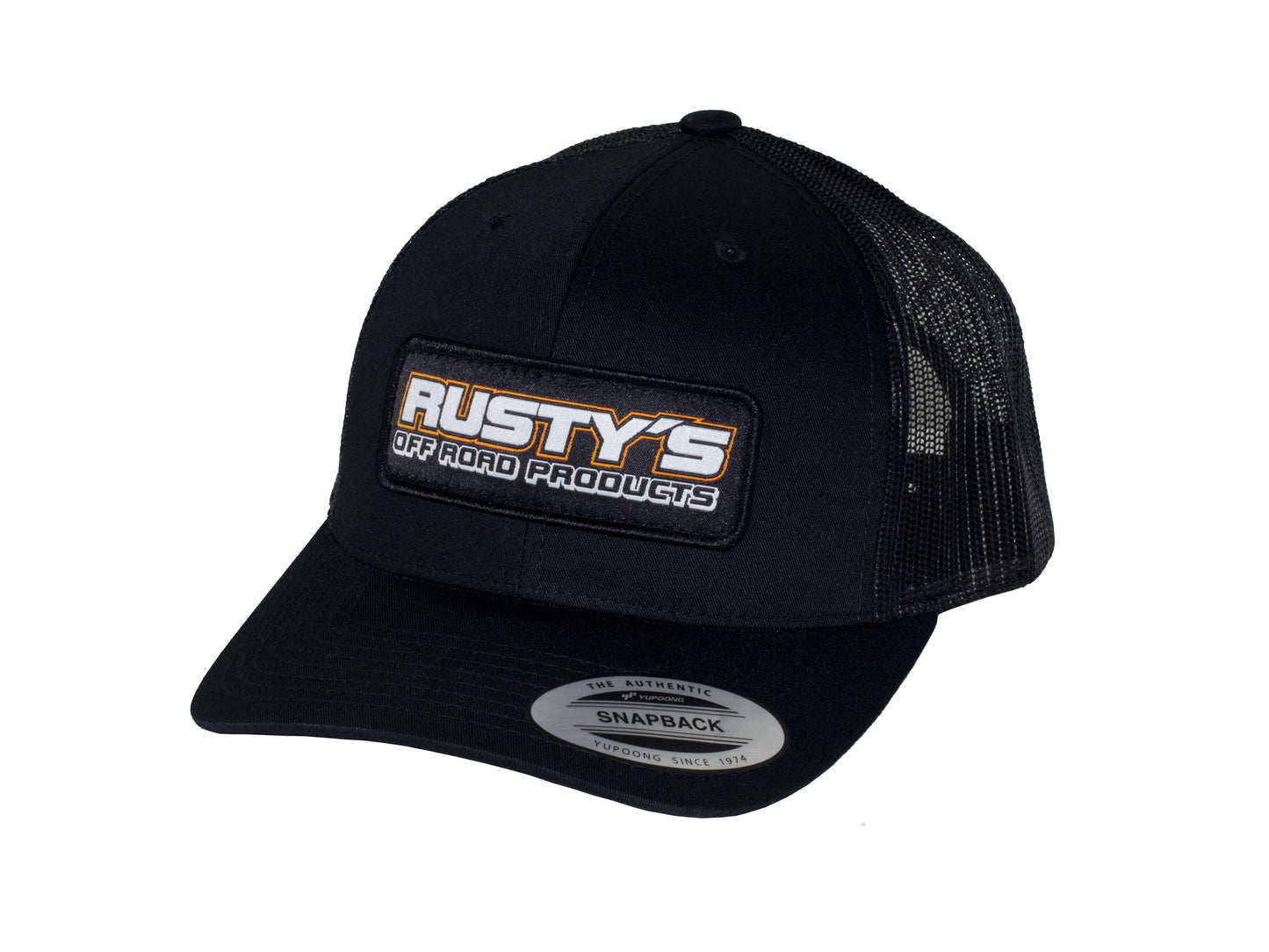 Rusty's Black Snapback Patch Logo Hat
